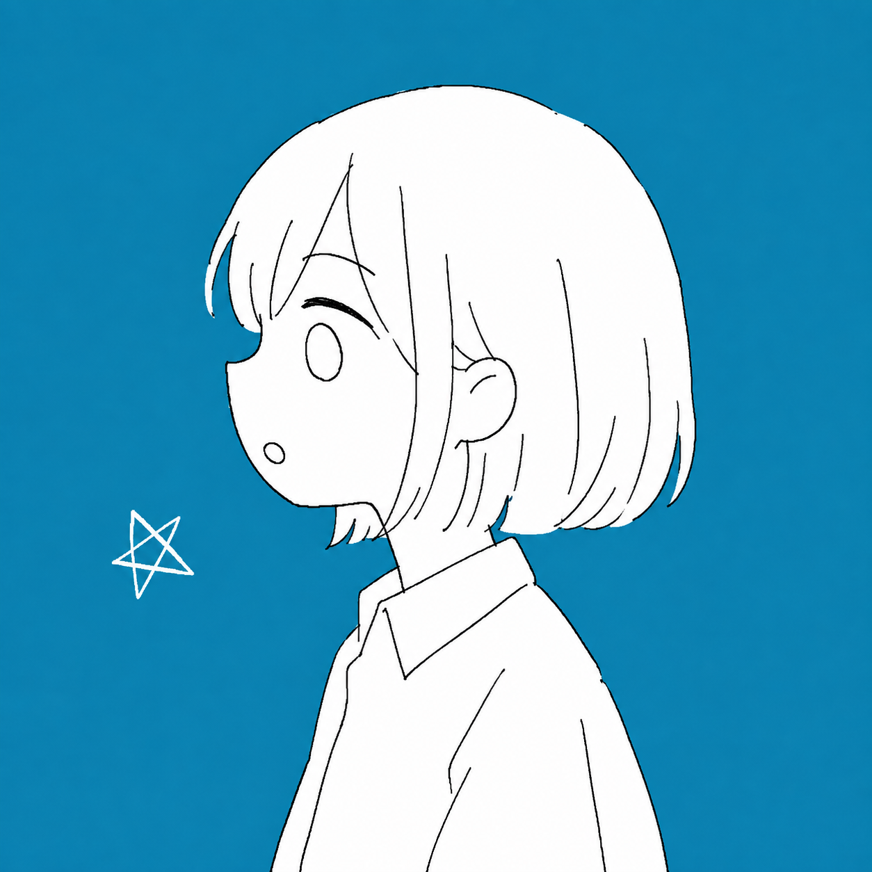 つぎの。青い背景に、左を向いた白い髪とシャツの人物。