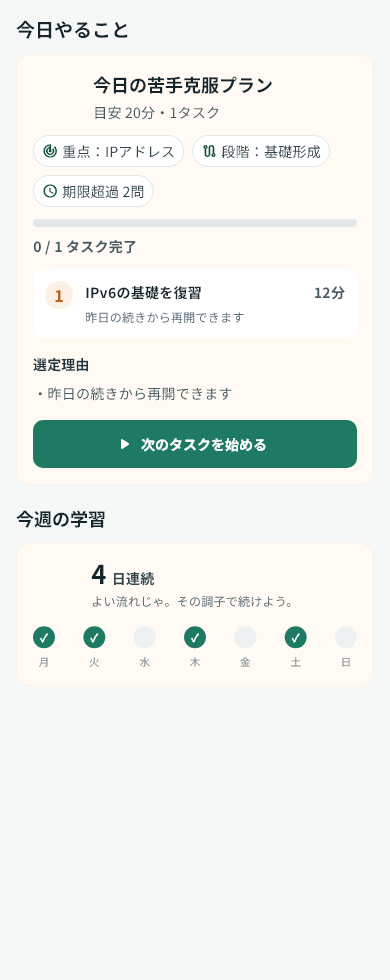 ネットワーク学習アプリの学習計画画面。表示値はテスト用データ